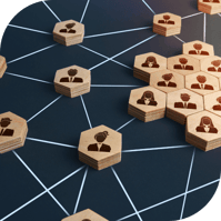 wooden hexagonal tiles depicting people are connected by white lines