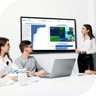 Three business people watch a media planning pitch using Tunnl linear optimization data on a large monitor