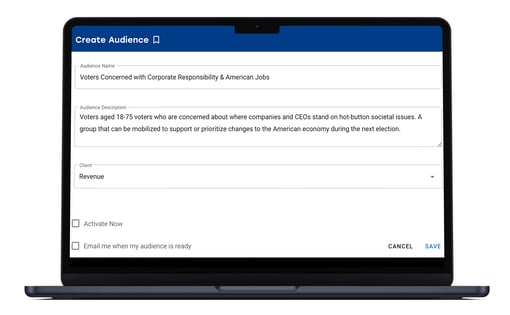 How to save an audience in Tunnl's Audience Builder. Example showing voters concerned with corporate responsibility and American jobs