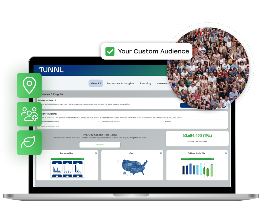 Design a custom audience with Tunnl to see demographics and media consumption insights for your target audience