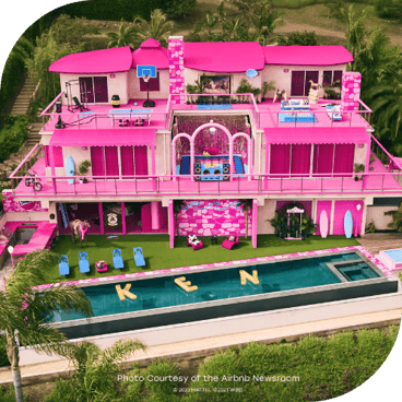 An aerial photo of the Barbie DreamHouse in Malibu, available to rent on Airbnb for a limited time. Credit: Mattel, Airbnb Newsroom