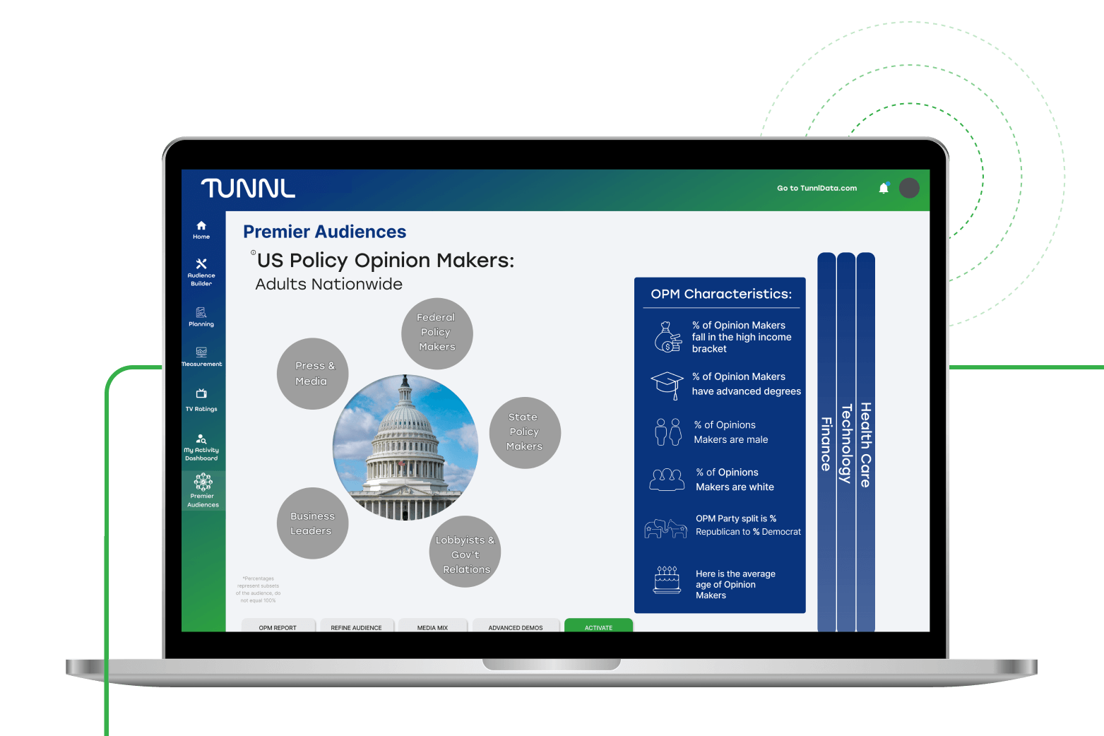 A laptop shows the Tunnl Platform's Premier Audience Suite.