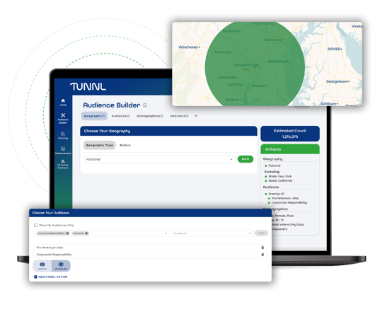 A laptop showing the Tunnl Audience Builder with modules for geographic radius and choosing your audience overlayed on top