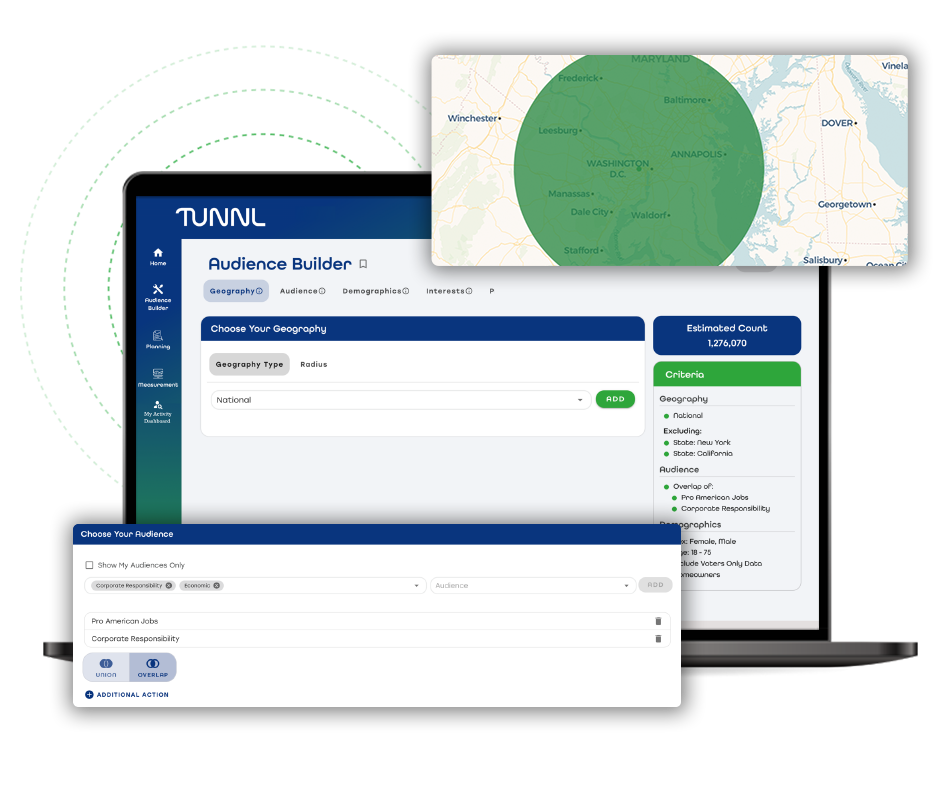 A laptop showing the Tunnl Audience Builder with modules for geographic radius and choosing your audience overlayed on top