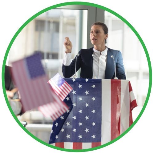 US Policy Opinion Maker presenting in front of American flag