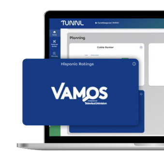 a laptop shows the VAMOS tile in the Tunnl audience intelligence platform