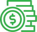 a coin with a dollar sign and a stack of money