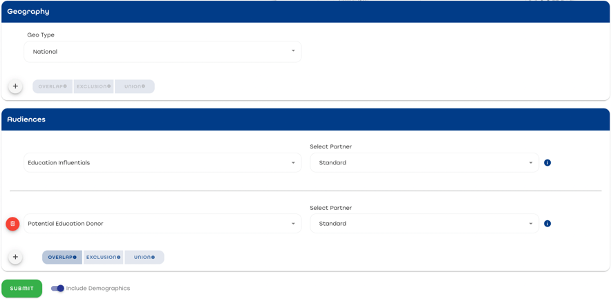 Demonstration of how to overlap two audiences in the Tunnl Free Audience Builder. The selected audiences are Education Influentials and Potential Education Donors.