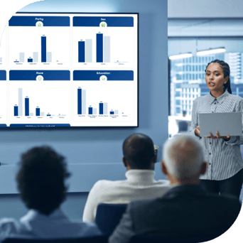 A woman holds a laptop and stands before a room of colleagues. She is presents Tunnl audience demographic data on a monitor at the front of the room.